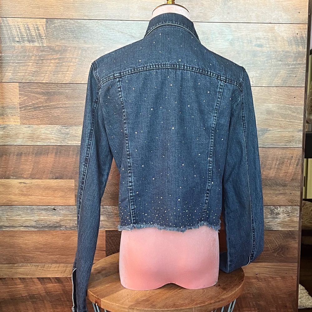 FENDI Vintage Crystal Embellished Cotton Denim Cropped Blue Jean Jacket, Size 28 - Picture 4 of 16